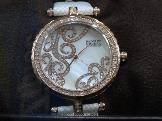 Badgley Mischka Women's Swarovski Crystal White Leather Strap Watch Costco 4